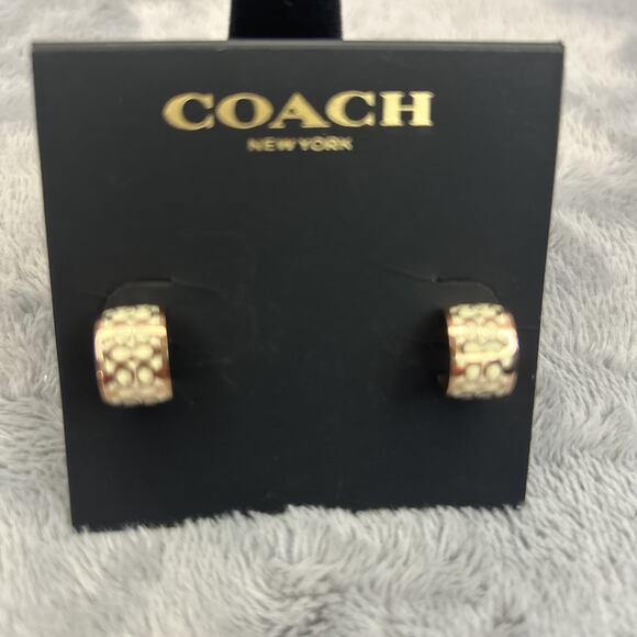 Coach Rose Gold “C” White Logo Huggie Earrings – Signature Engraved Hoops Luxury - Picture 1 of 10